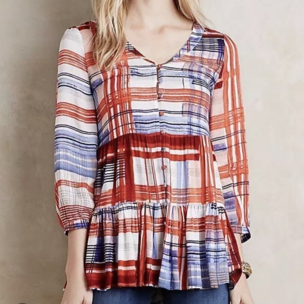 Maeve Anthropologie Lila Plaid Tiered Tunic Top